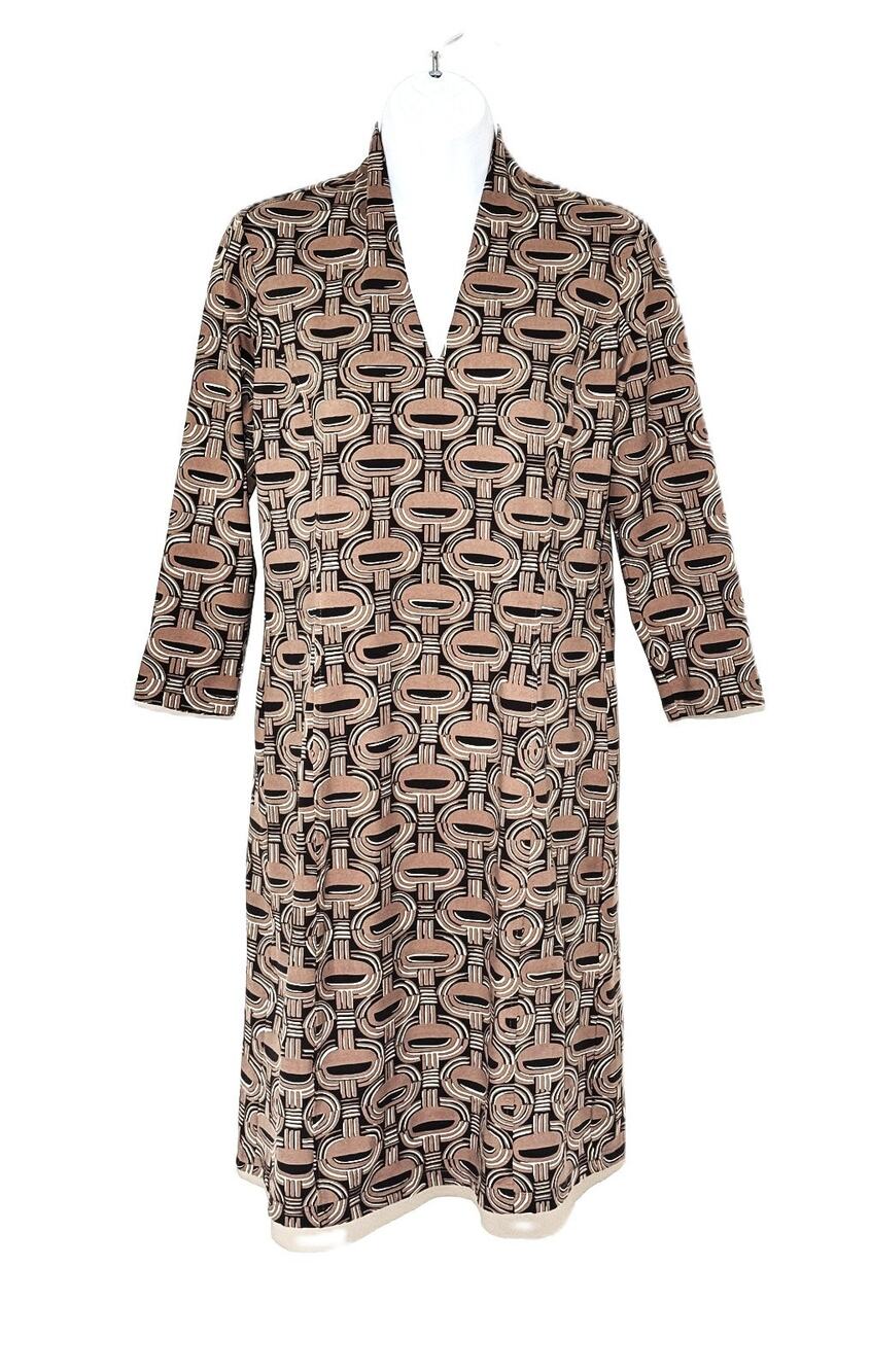 J.McLaughlin Catalina Cloth Dress M Brown Geometric V-Neck Retro Preppy 3/4